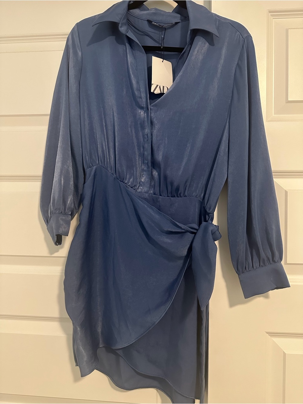 Zara Blue Asymmetrical Satin-Effect Shirt Dress